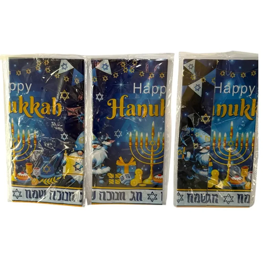 Set of 3 Hanukkah Tablecloths Blue Menorah & Star of David Plastic Table Covers